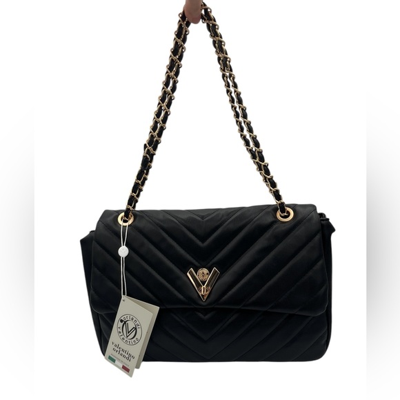 NWT Valentino Orlandi Black Quilted 2-way Handbag w/ Turn Lock & Trolley Pocket - Picture 3 of 13